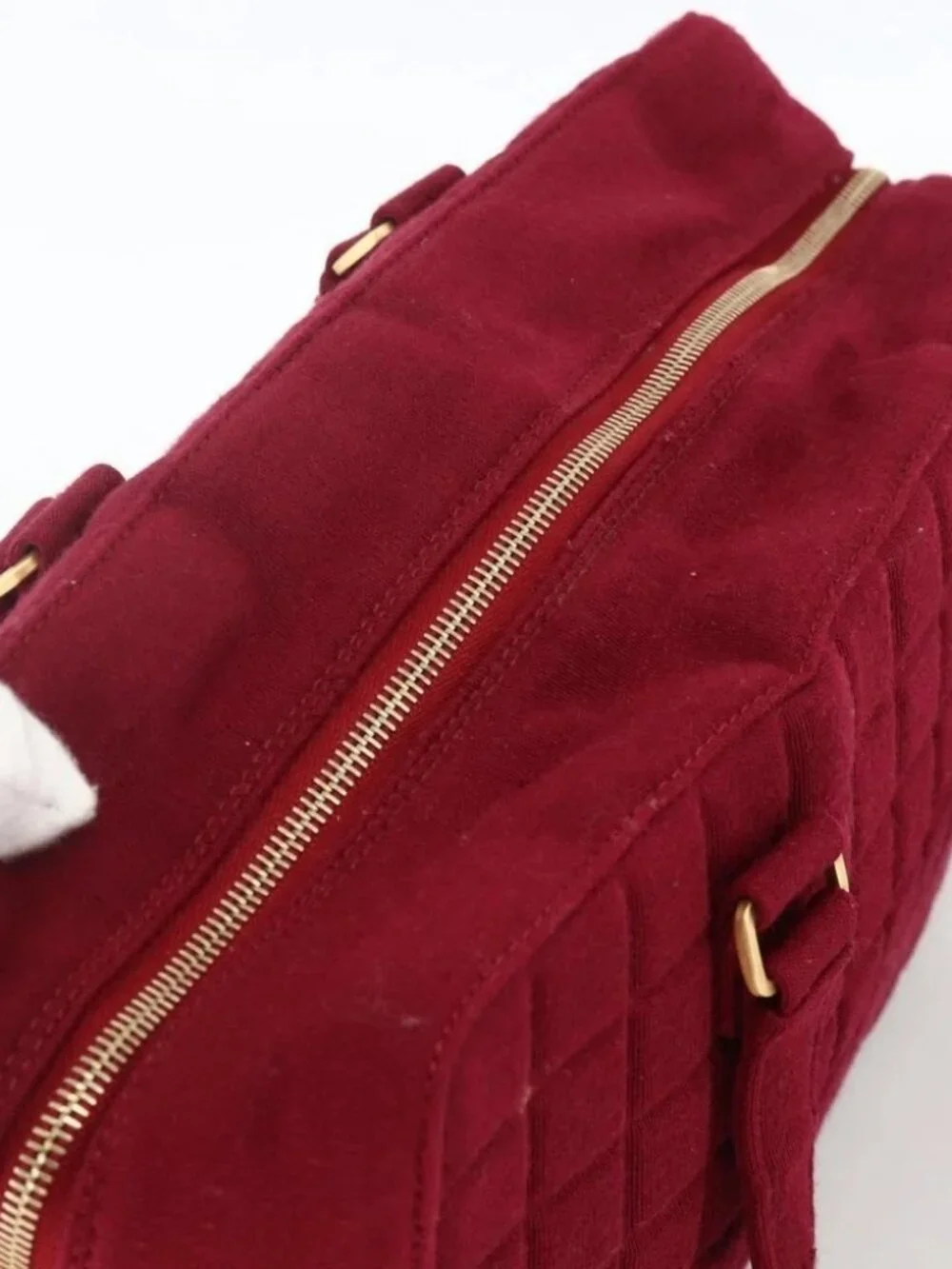CHANEL Choco Bar Hand Bag Cotton Bordeaux Gold CC Auth BAZ870